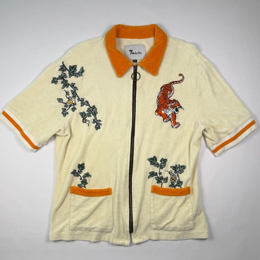 Tombolo Eye Of The Tiger Terrycloth Cabana Shirt Medium Cream Zip Polo